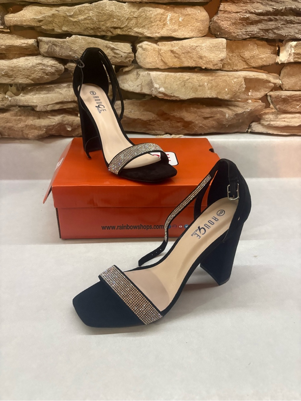 Black Rhinestone Accent Block Heel Sandals